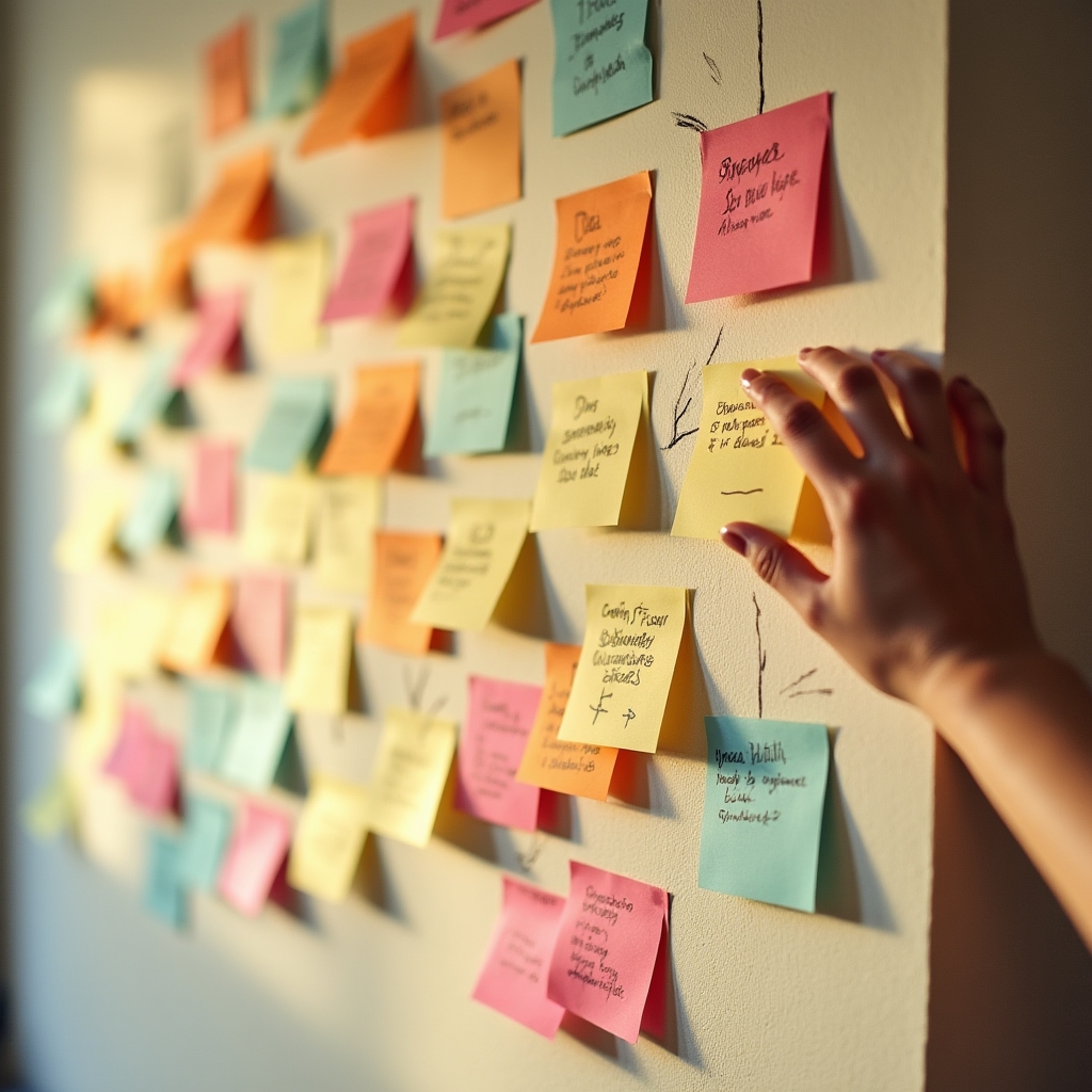 Post-it-uri colorate cu idei de business pe un perete