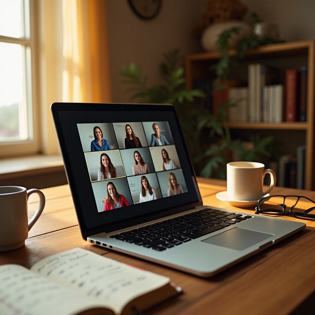 Laptop deschis cu o sesiune video online de mentorat