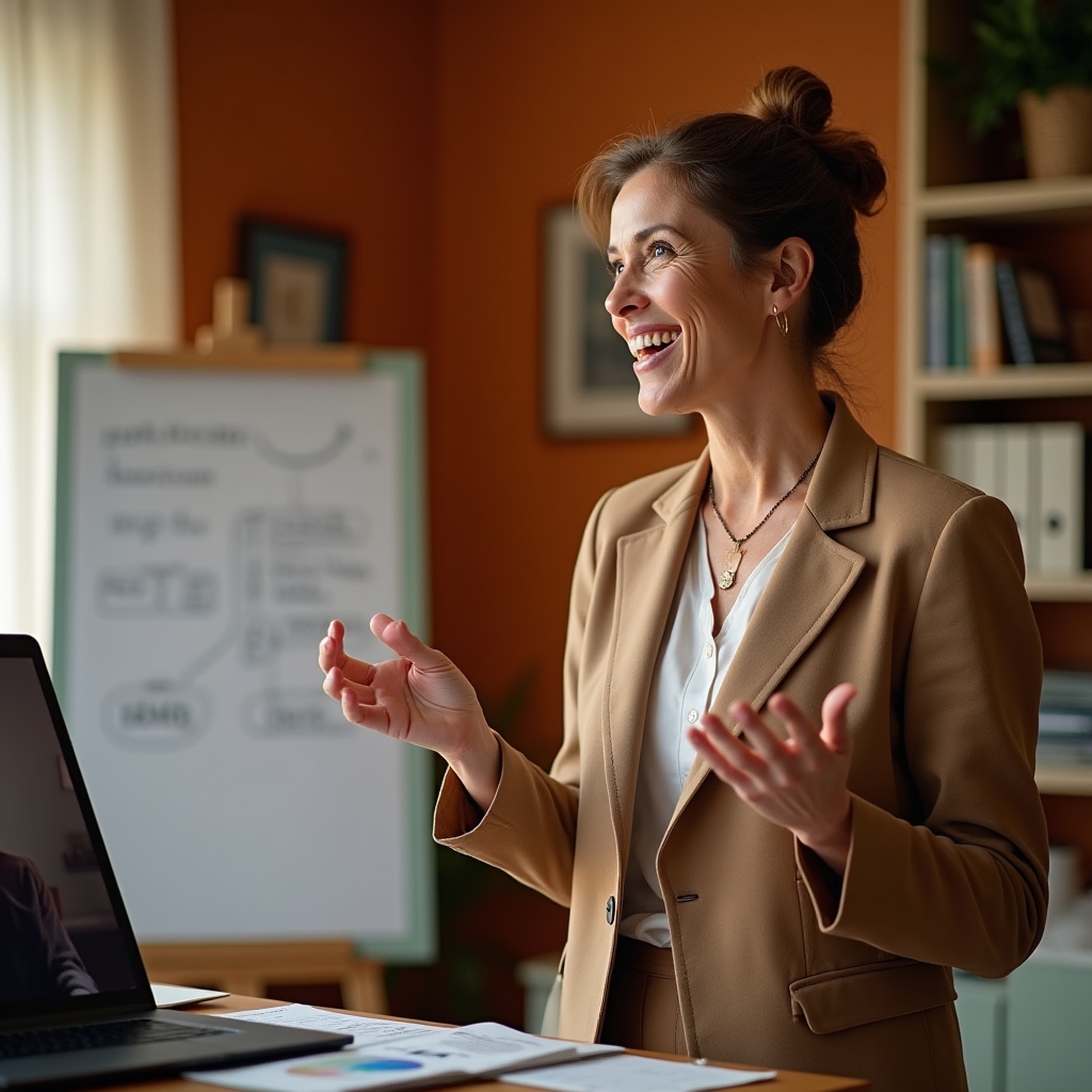 Mentor în sesiune de workshop online, prezentând concepte de antreprenoriat