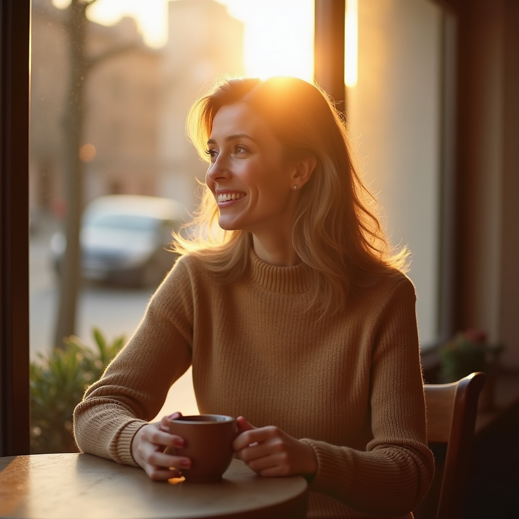 Femeie gânditoare cu o cafea, reflectând asupra viitorului profesional